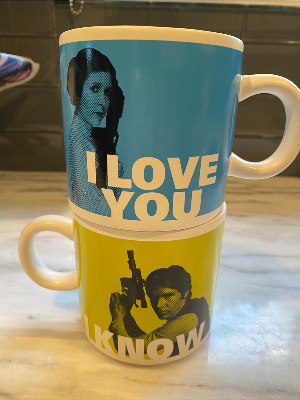 Star Wars Hallmark Blue & Lime  'I Love You / I Know' Ceramic Mug Set Vintage